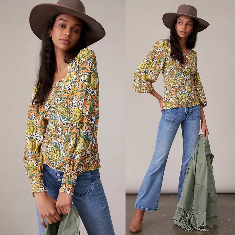 Anthropologie The Rayna Relaxed Smocked Yellow Floral Long Sleeve Mesh Blouse